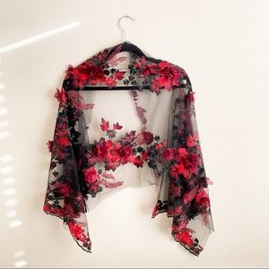 Vintage Victorian Gothic Floral Embroidered Red / Black Shall / Wrap One Size